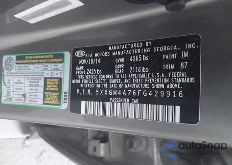 2015 Kia Optima Lx из США, поврежденный, VIN 5XXGM4A76FG429916